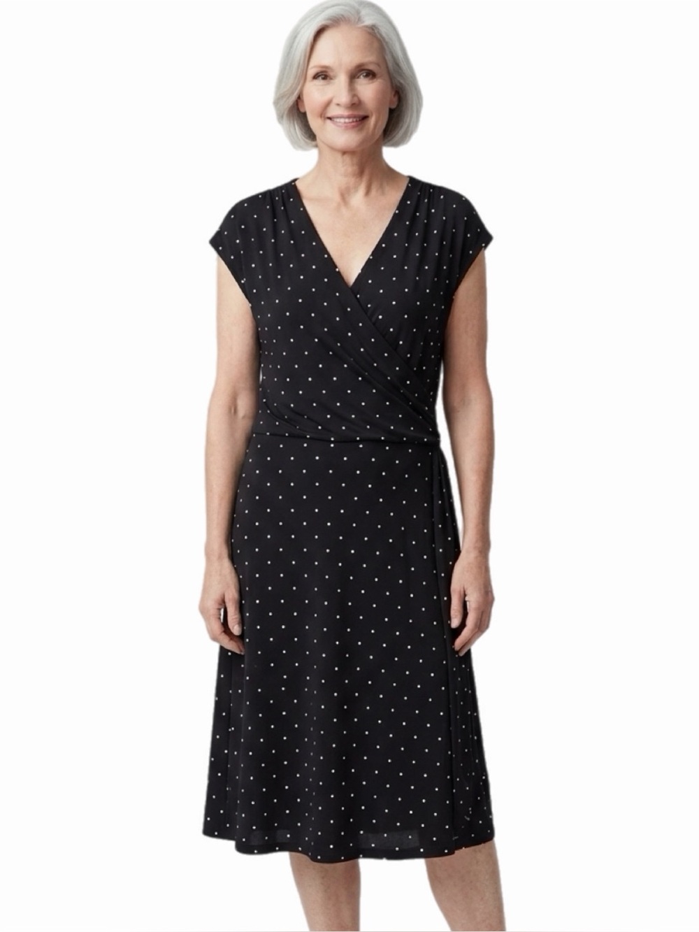 TALBOTS Woman Black with Off-White Square Dots Faux Wrap-Style Dress Size 1X
